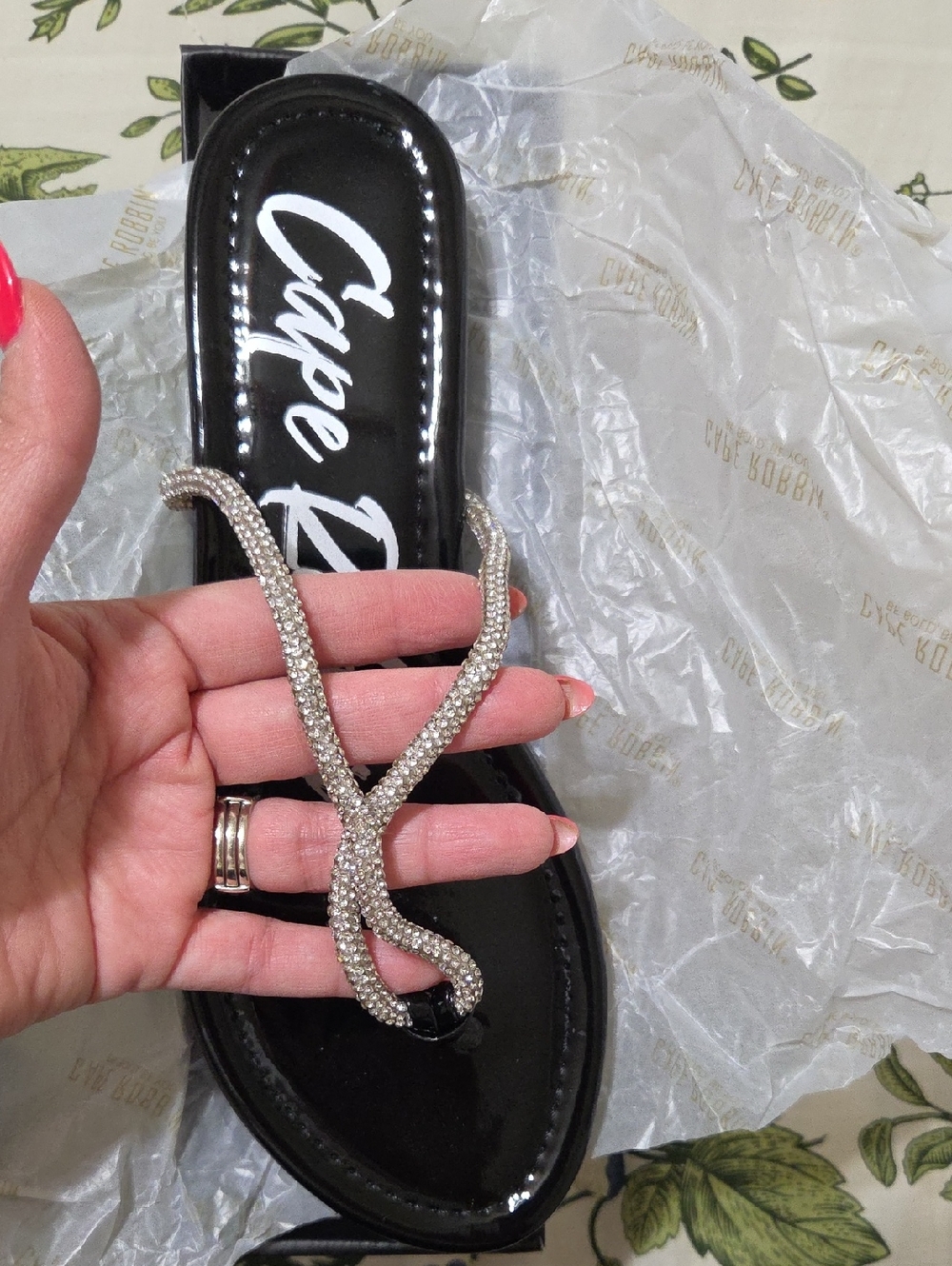 Cape Robbin Black Patent Sandal with Sparkling Rhinestone V-Strap